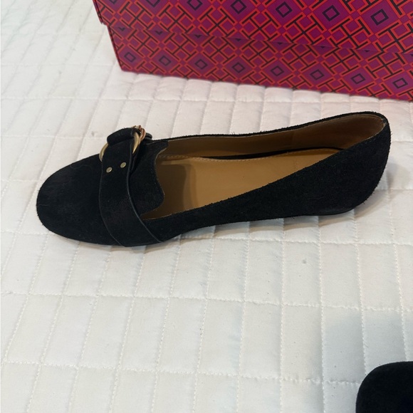Tory Burch Black Suede Loafers with Gold Buckle - Picture 3 of 11